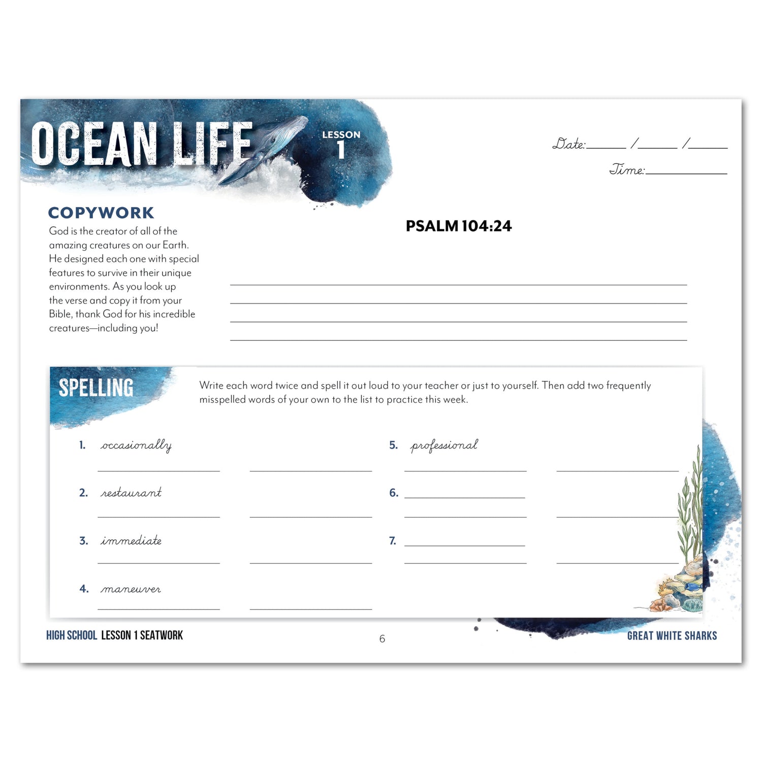 Ocean Life homeschool unit study digital seatwork journal in cursive for high school  level one worksheet