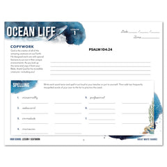 Ocean Life homeschool unit study digital seatwork journal in cursive for high school  level one worksheet