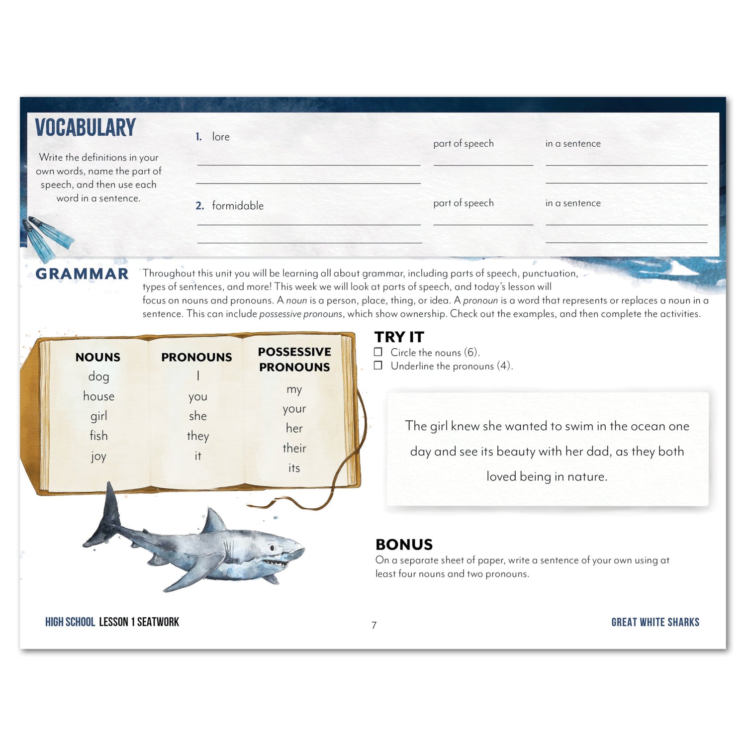 Ocean Life homeschool unit study digital seatwork journal in manuscript for high school lesson one worksheet
