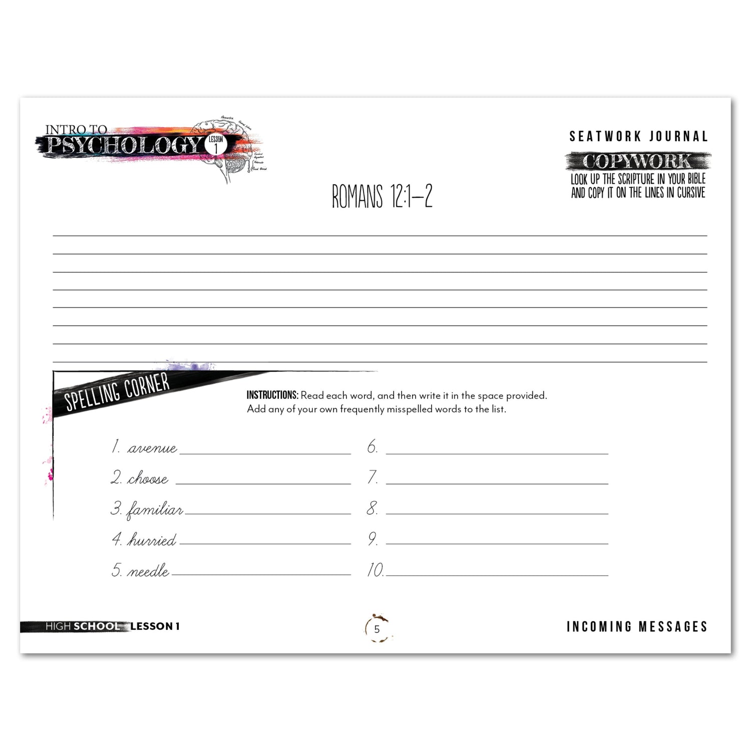 Psychology homeschool unit study digital student seatwork journal cursive in high school worksheet