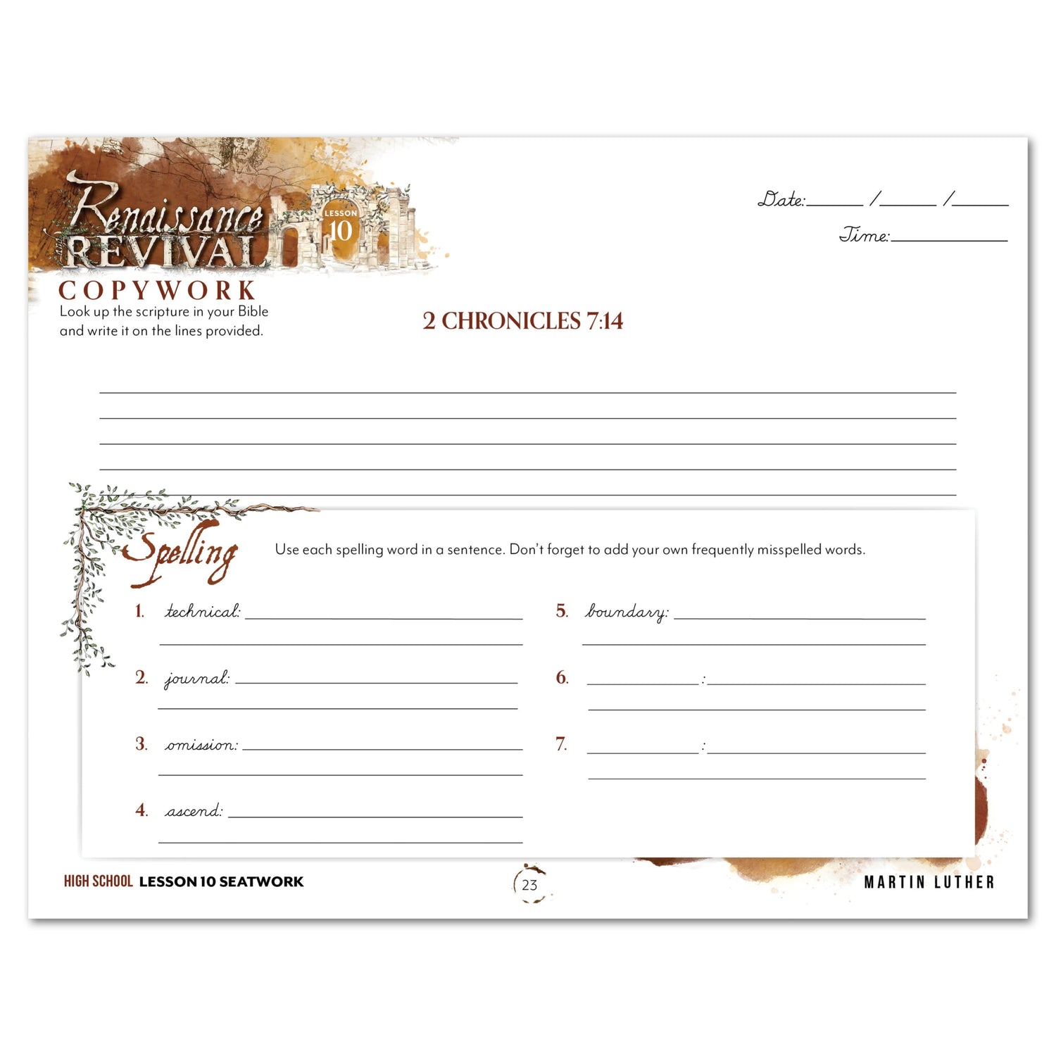 Renaissance and Revival Homeschool Unit Study Digital Seatwork Journal Cursive High School Lesson 10 Copywork and Spelling