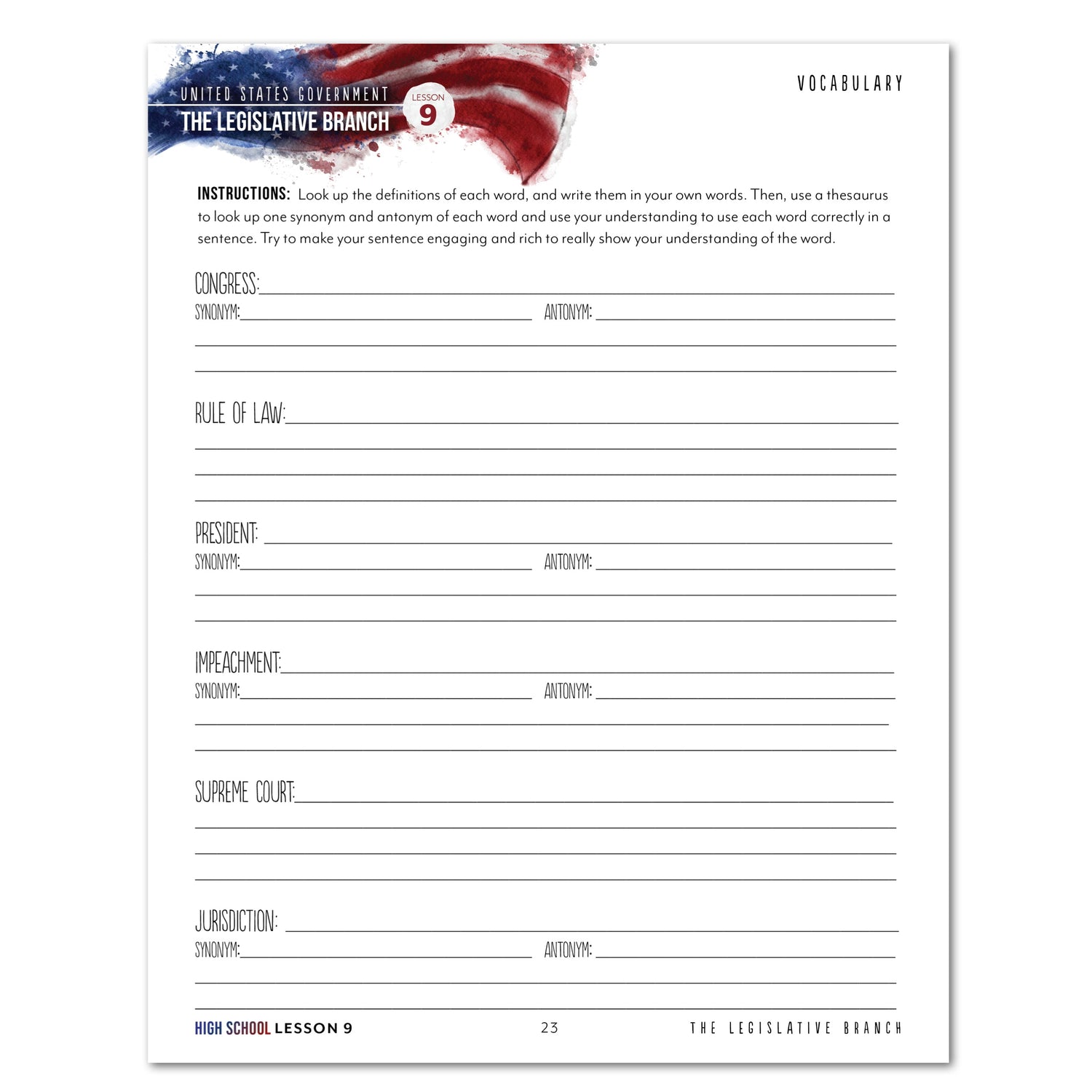 US Government Homeschool Study Unit Digital High School Student Book Lesson 9 Vocabulary