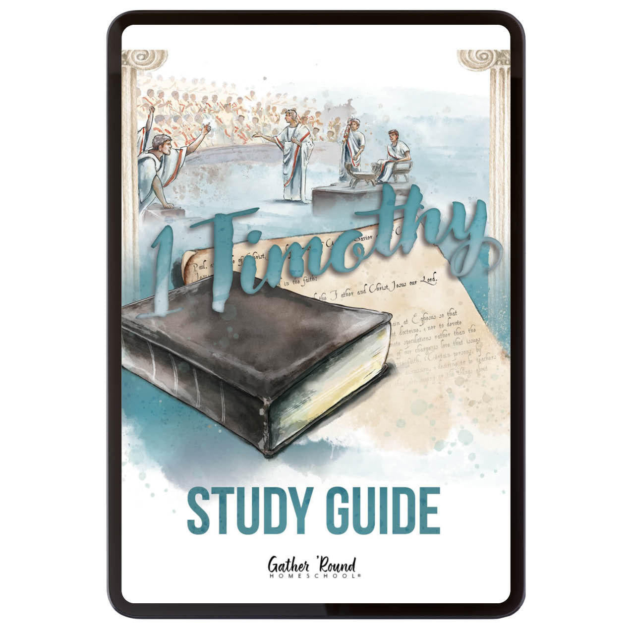 Study guide cover with illustration of a book and people, titled 'Timothy Study Guide.'