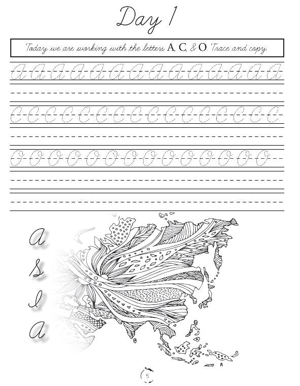 Asia Homeschool Unit Study Digital Cursive Book Day 1 Practice