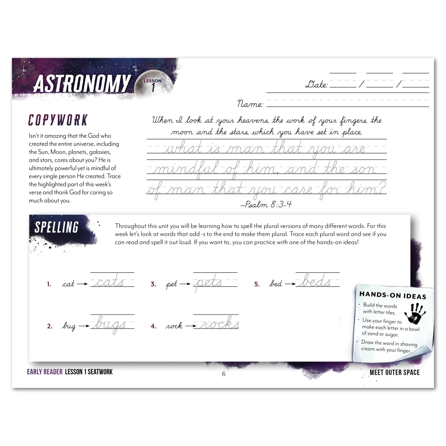 Astronomy Homeschool Unit Study Digital Seatwork Journal Cursive Early Reader Copywork Lesson 1 