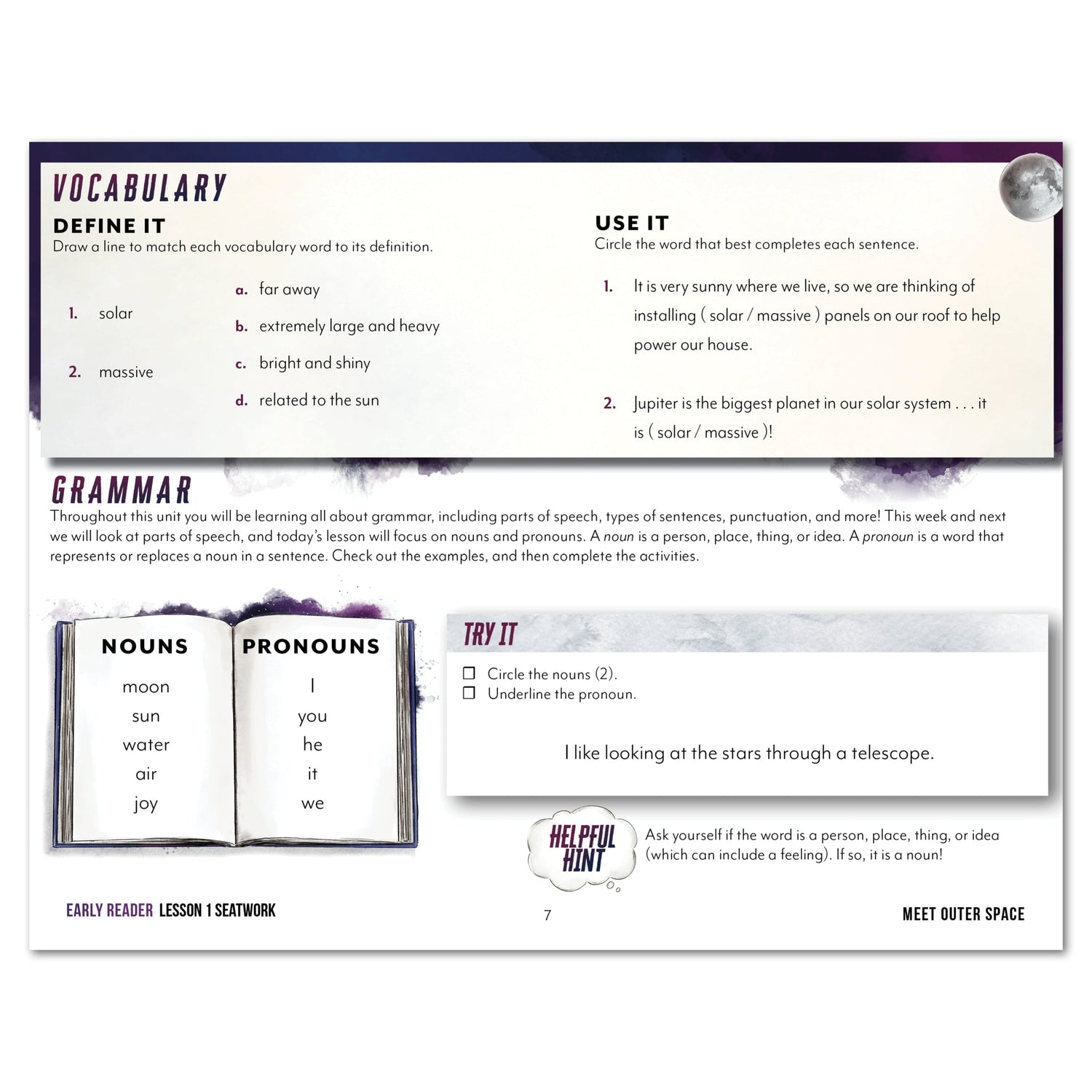 Astronomy Homeschool Unit Study Digital Seatwork Journal Manuscript Early Reader Lesson 1 Vocabulary