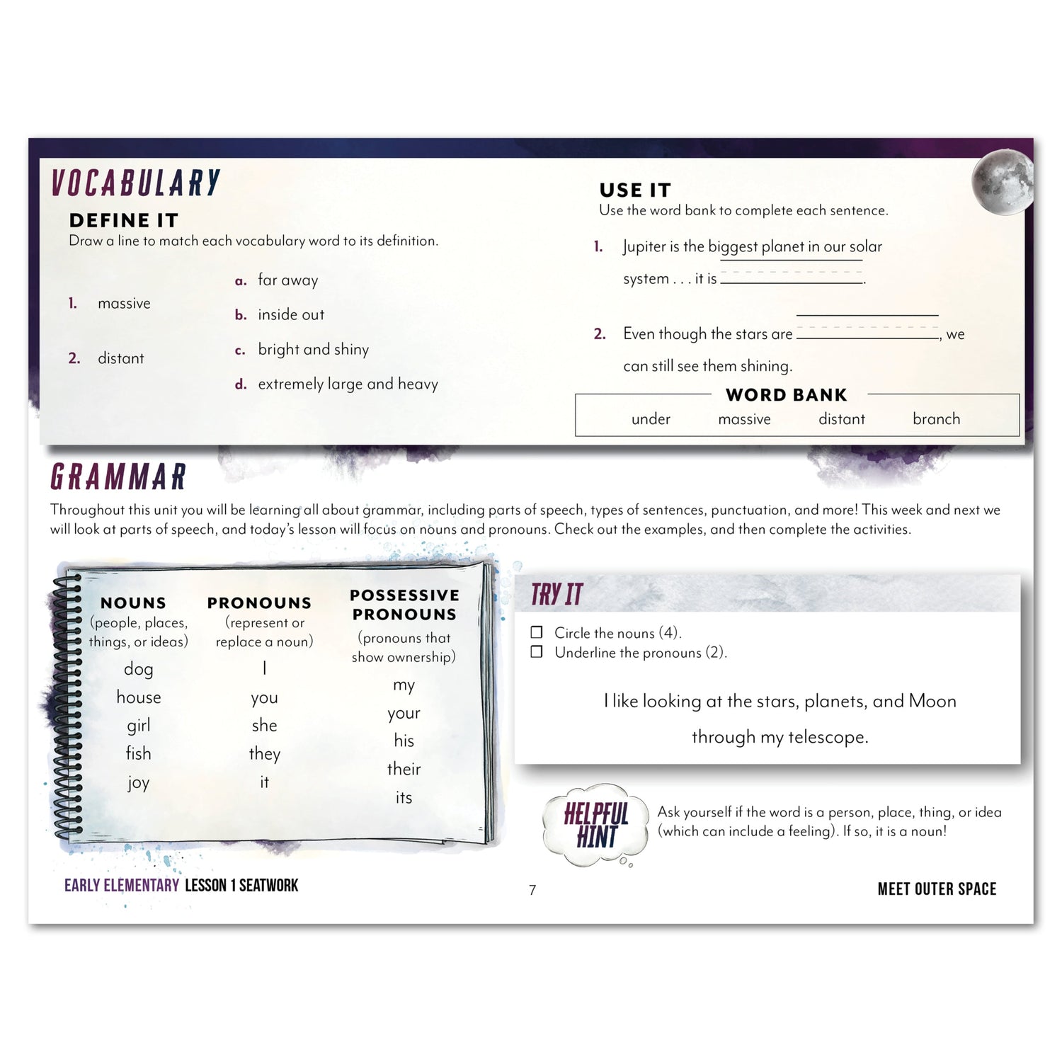 Astronomy Homeschool Unit Study Digital Seatwork Journal Manuscript Early Elementary Vocabulary Lesson 1