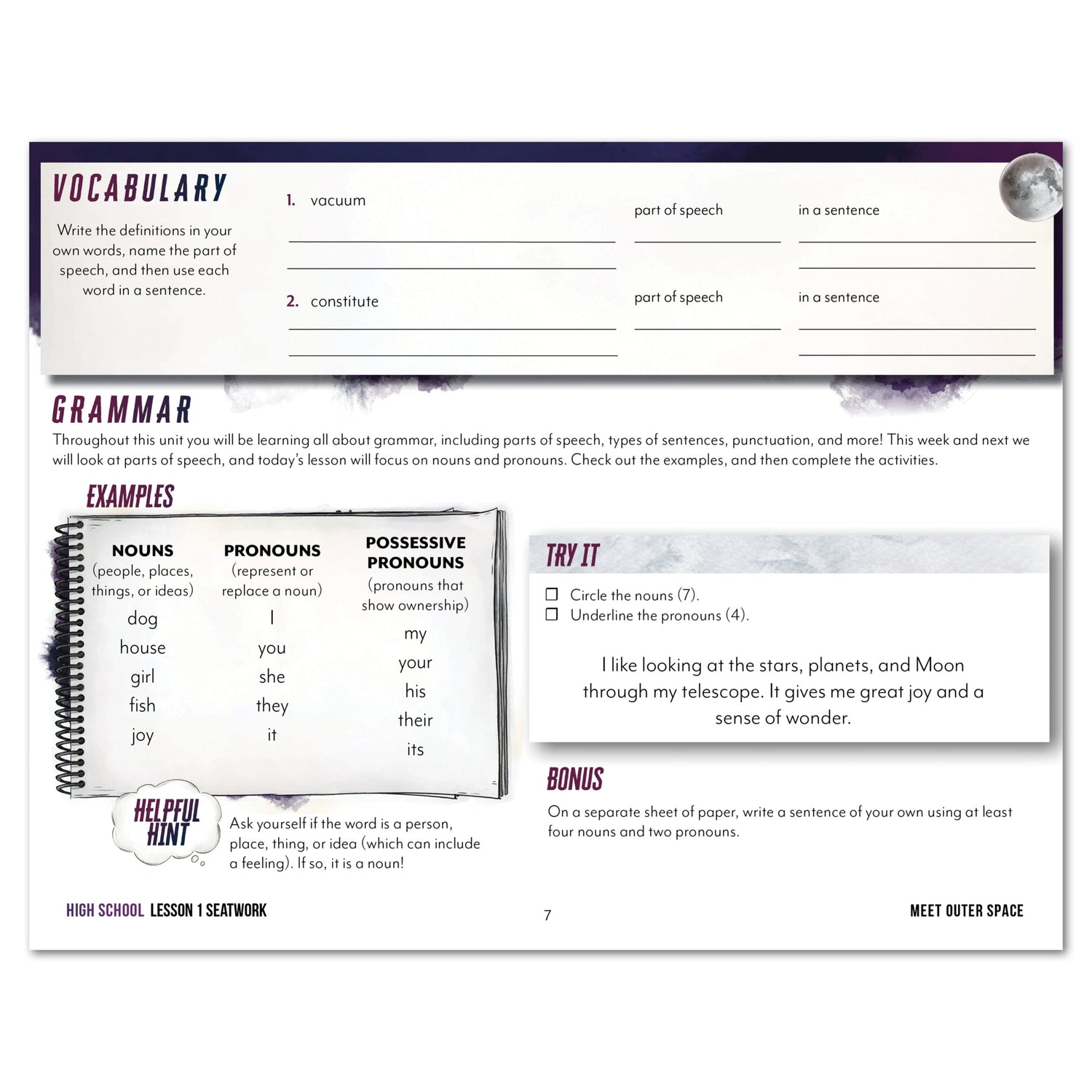 Astronomy Homeschool Unit Study Digital Seatwork Journal Manuscript High School Vocabulary Lesson 1