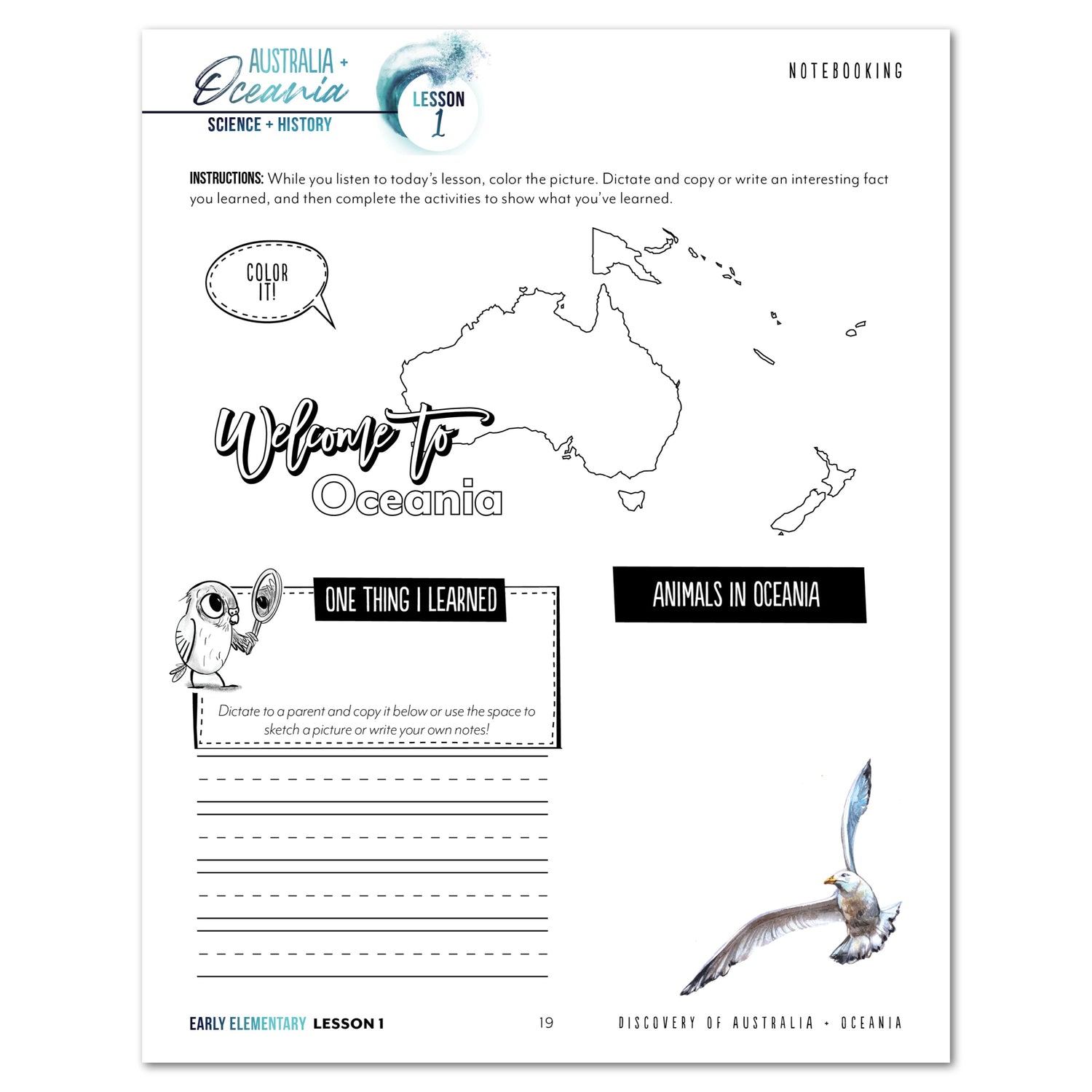 Australia + Oceania Homeschool Study Unit Digital Early Elementary Student Book Daily Lesson 1