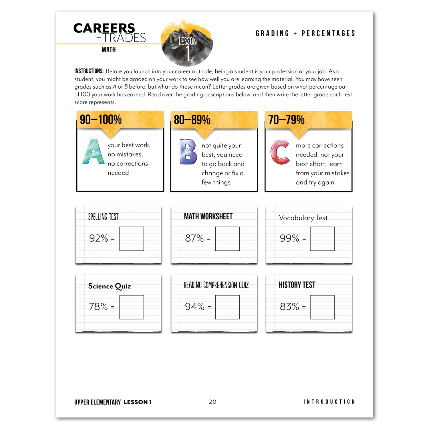 Careers + Trades Homeschool Unit Study Digital Upper Elementary Student Book Daily Lesson 1 Grading and Percentages