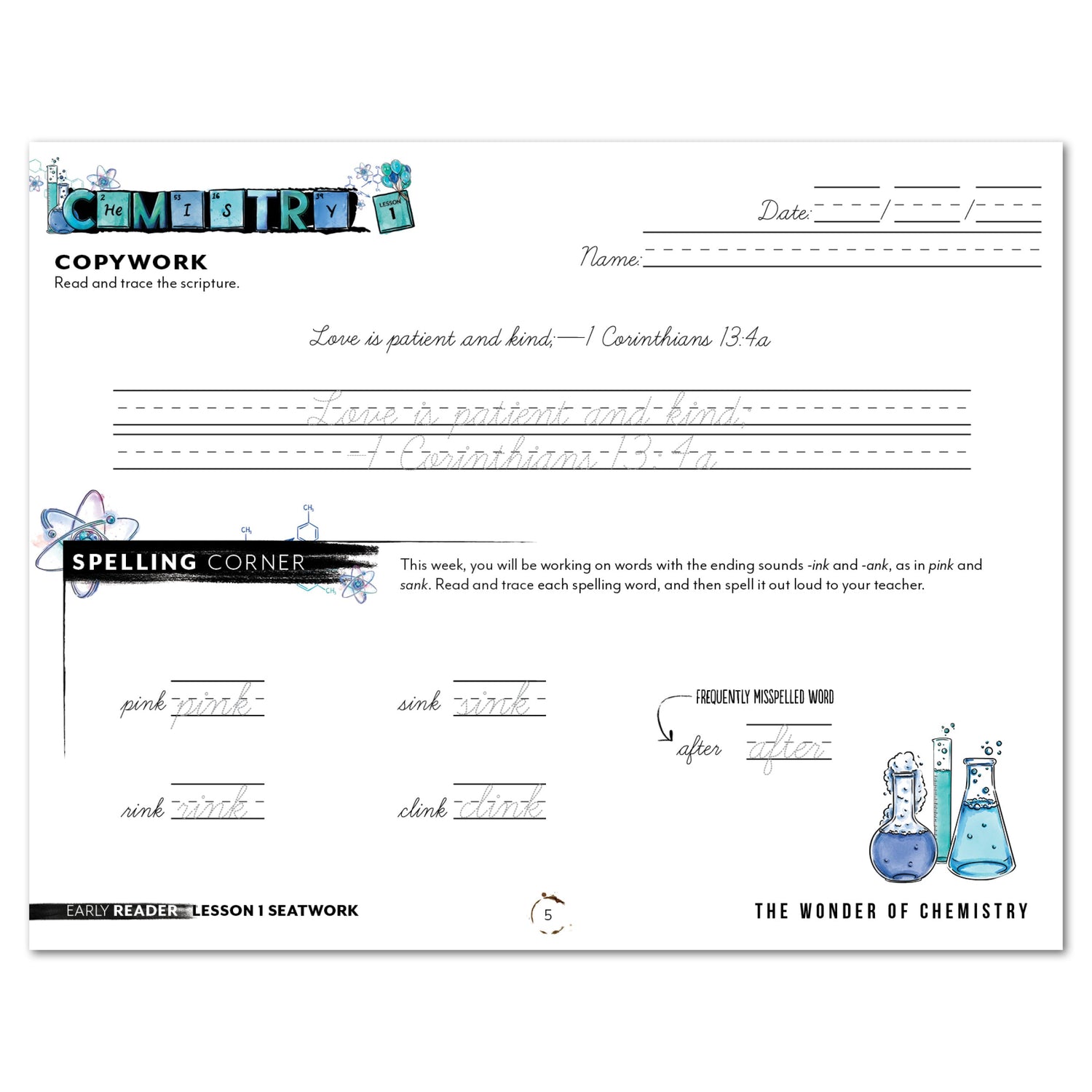 Chemistry Homeschool Unit Study Digital Seatwork Journal Cursive Early Reader Lesson 1 Copywork and Spelling Corner