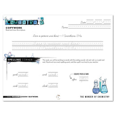 Chemistry Homeschool Unit Study Digital Seatwork Journal Cursive Early Reader Lesson 1 Copywork and Spelling Corner
