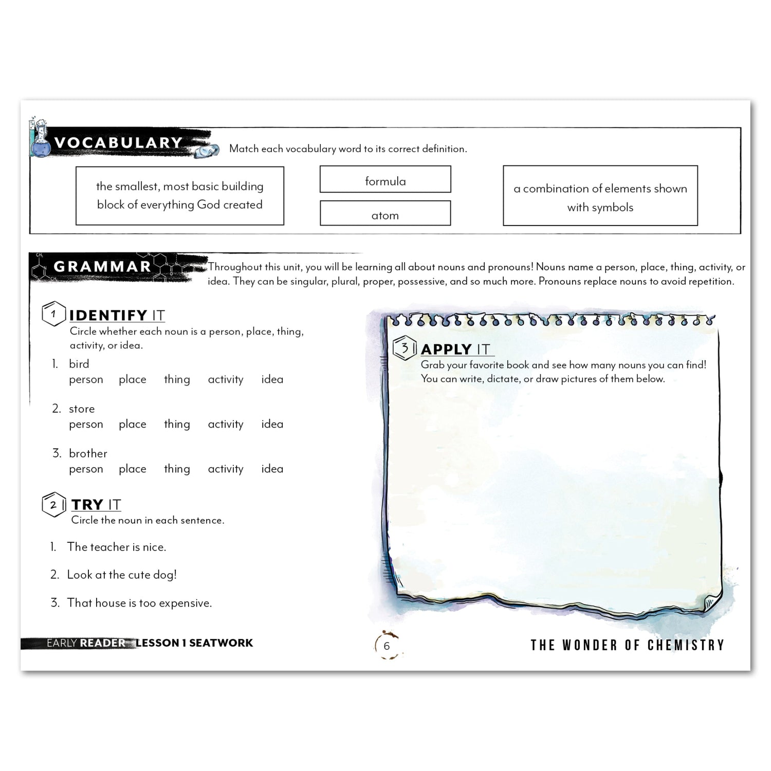 Chemistry Homeschool Unit Study Digital Seatwork Journal Manuscript Early Reader Lesson 1 Vocabulary and Grammar