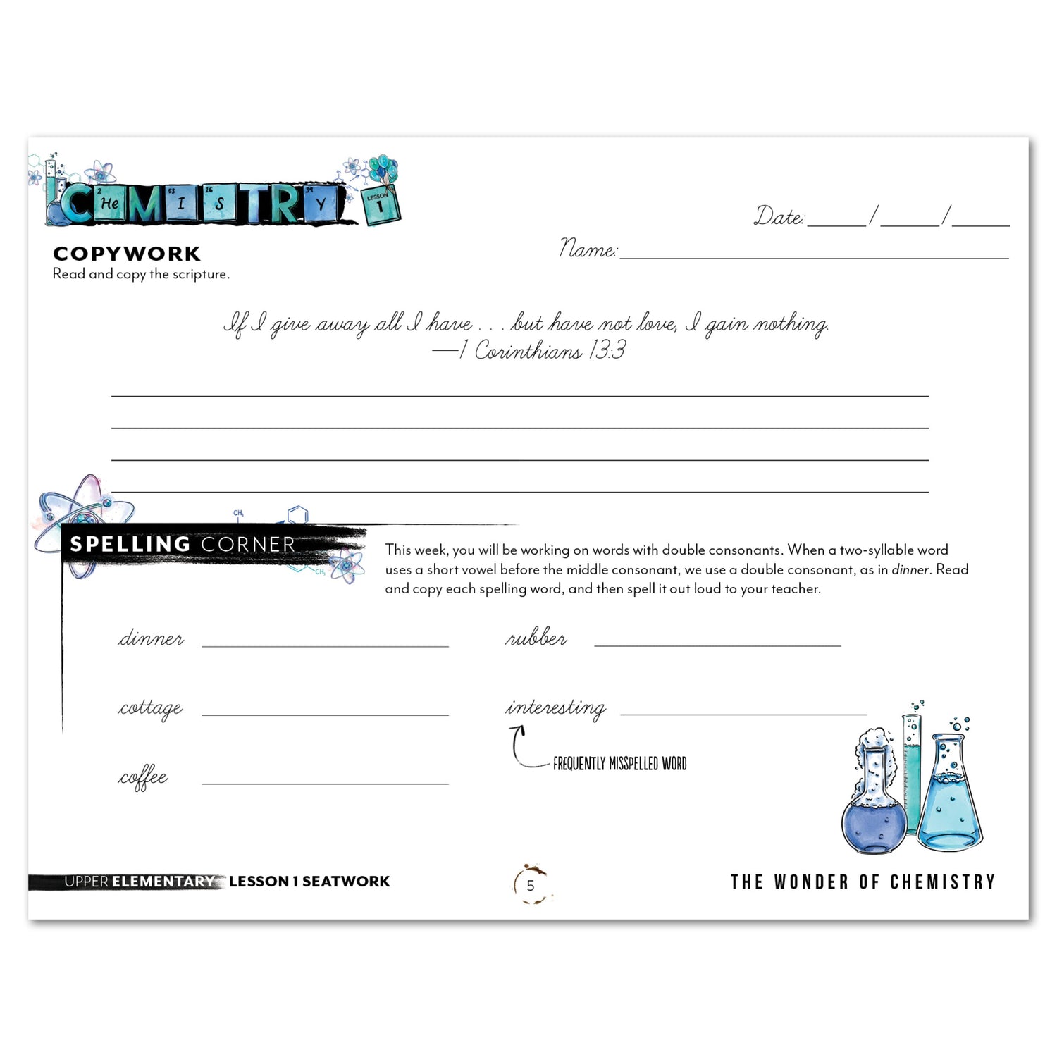 Chemistry Homeschool Unit Study Digital Seatwork Journal Cursive Upper Elementary Lesson 1 Copywork and Spelling