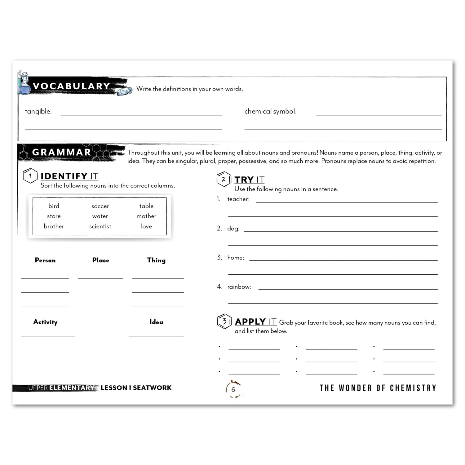 Chemistry Homeschool Unit Study Digital Seatwork Journal Manuscript Upper Elementary Lesson 1 Vocabulary and Grammar