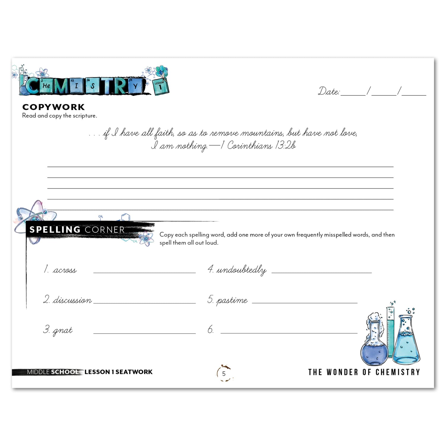 Chemistry Homeschool Unit Study Digital Seatwork Journal Cursive Middle School Lesso 1 Copywork and Spelling 