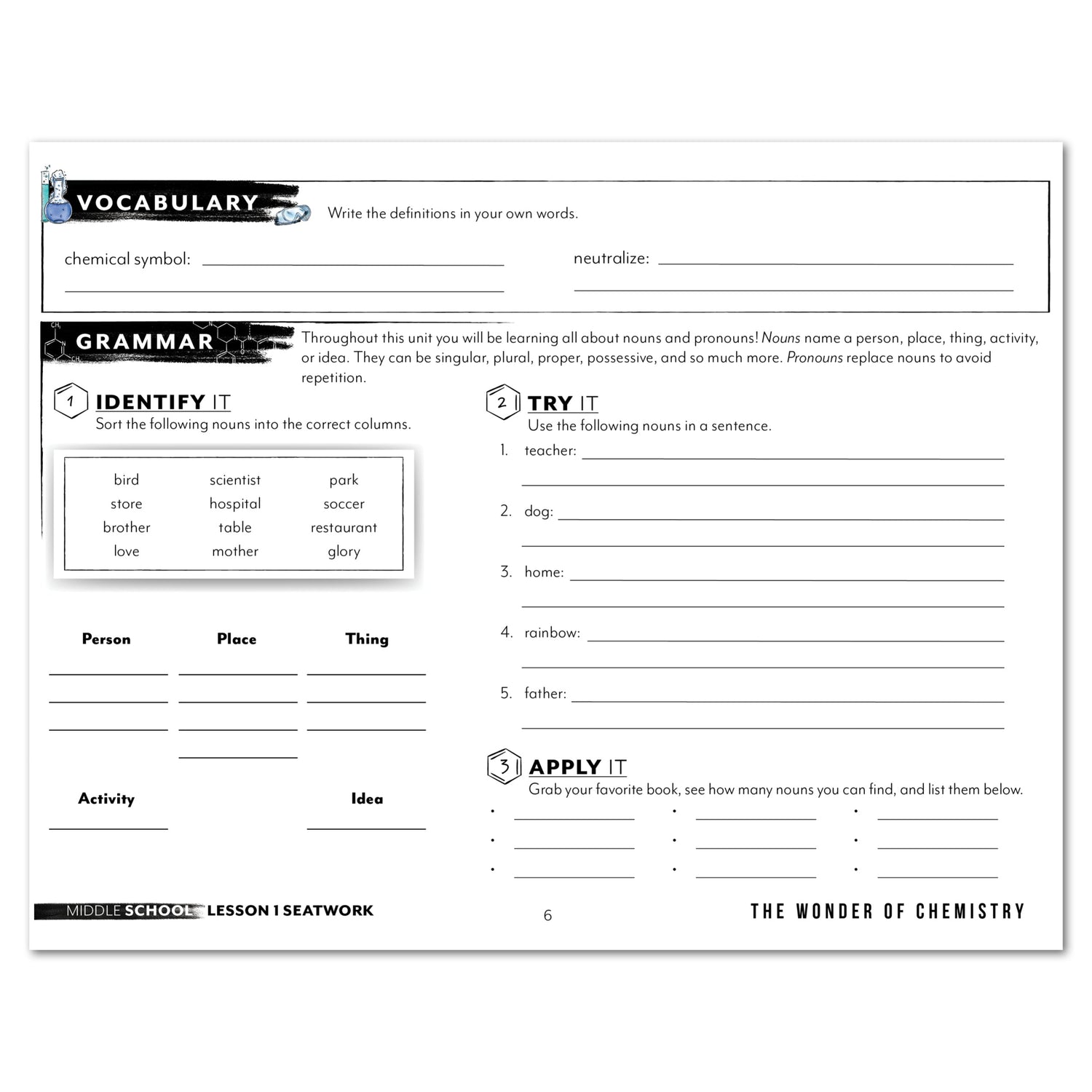 Chemistry Homeschool Unit Study Digital Seatwork Journal Manuscript Middle School Lesson 1 Vocabulary and Grammar