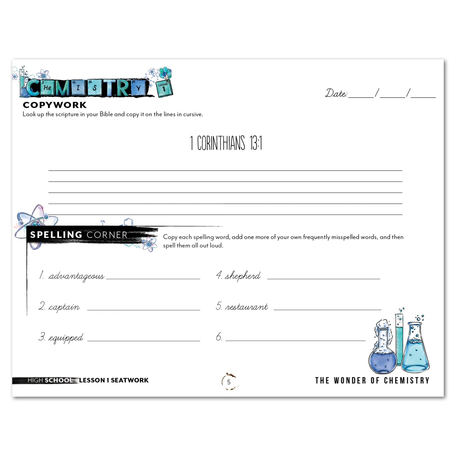 Chemistry Homeschool Unit Study Digital Seatwork Journal Cursive High School Lesson 1 Copywork and Spelling