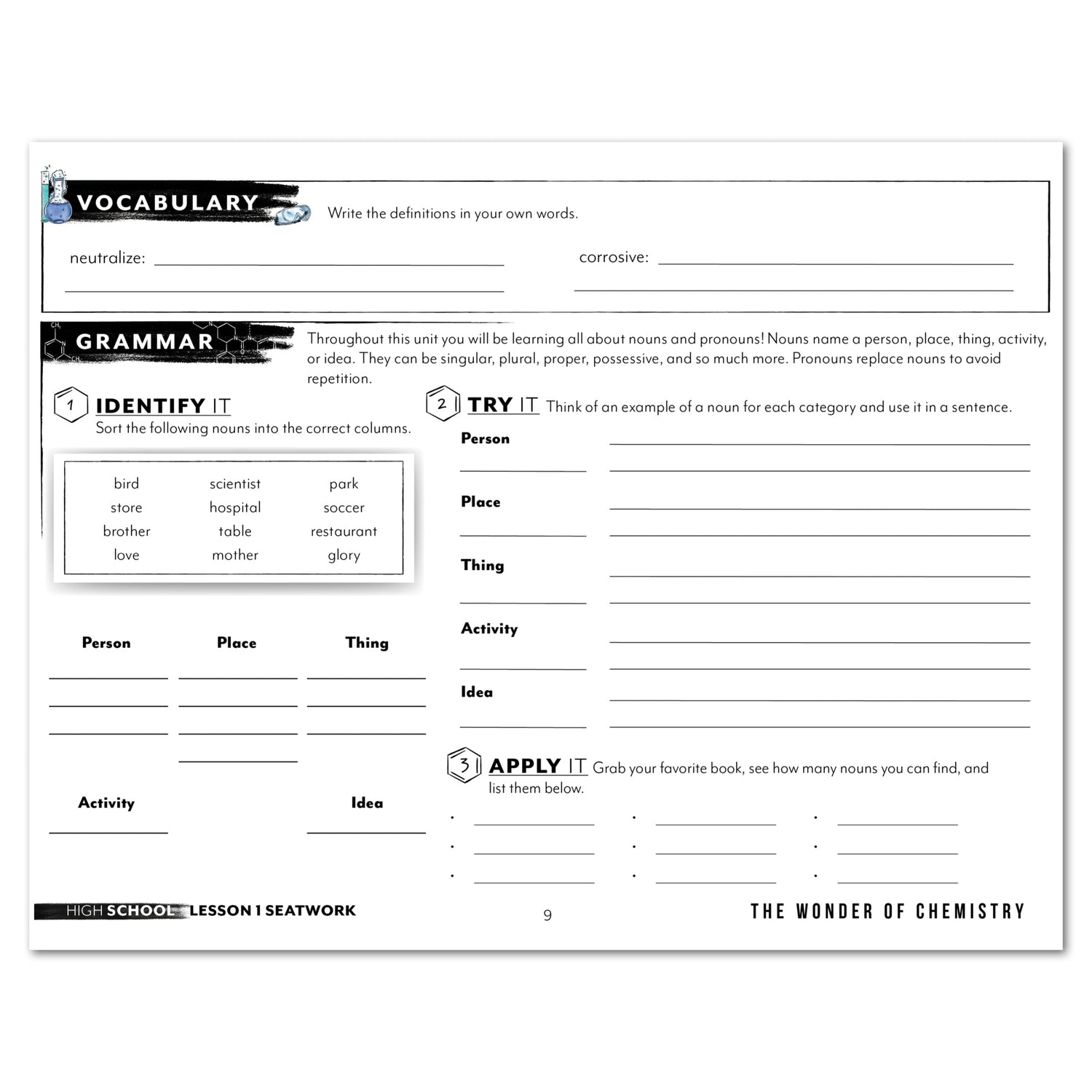 Chemistry Homeschool Unit Study Digital Seatwork Journal Manuscript High School Vocabulary and Grammar