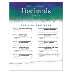 A math workbook page titled 'MODULAR MATH Decimals STEP 1' with a colorful watercolor gradient header and a detailed table of contents on a white page.