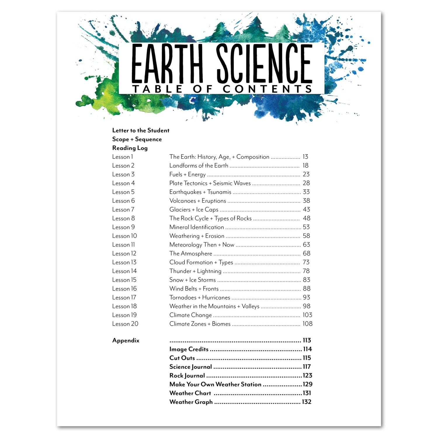 Earth Science Homeschool Unit Study Digital Student Book Table of Contents