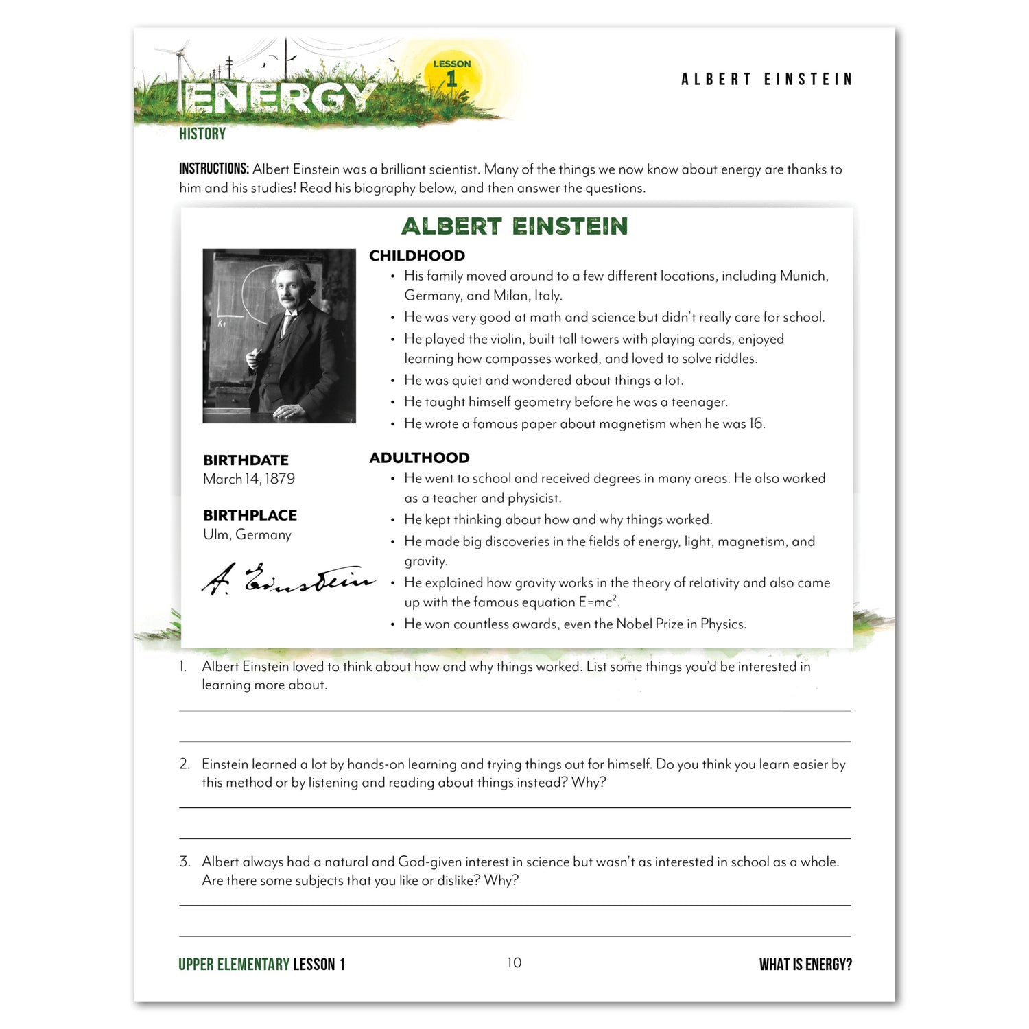Energy Homeschool Unit Study Digital Upper Elementary Student Book Lesson 1 Albert Einstein