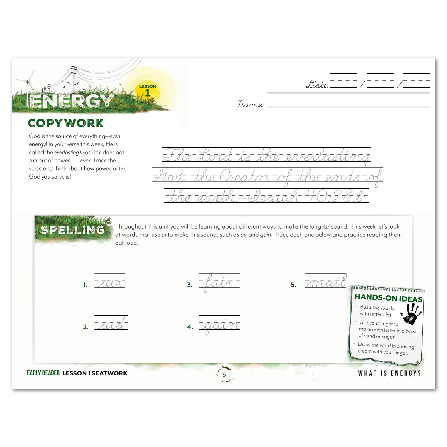 Energy Homeschool Unit Study Digital Seatwork Journal Cursive Early Reader Student Book Lesson 1 Copywork and Spelling