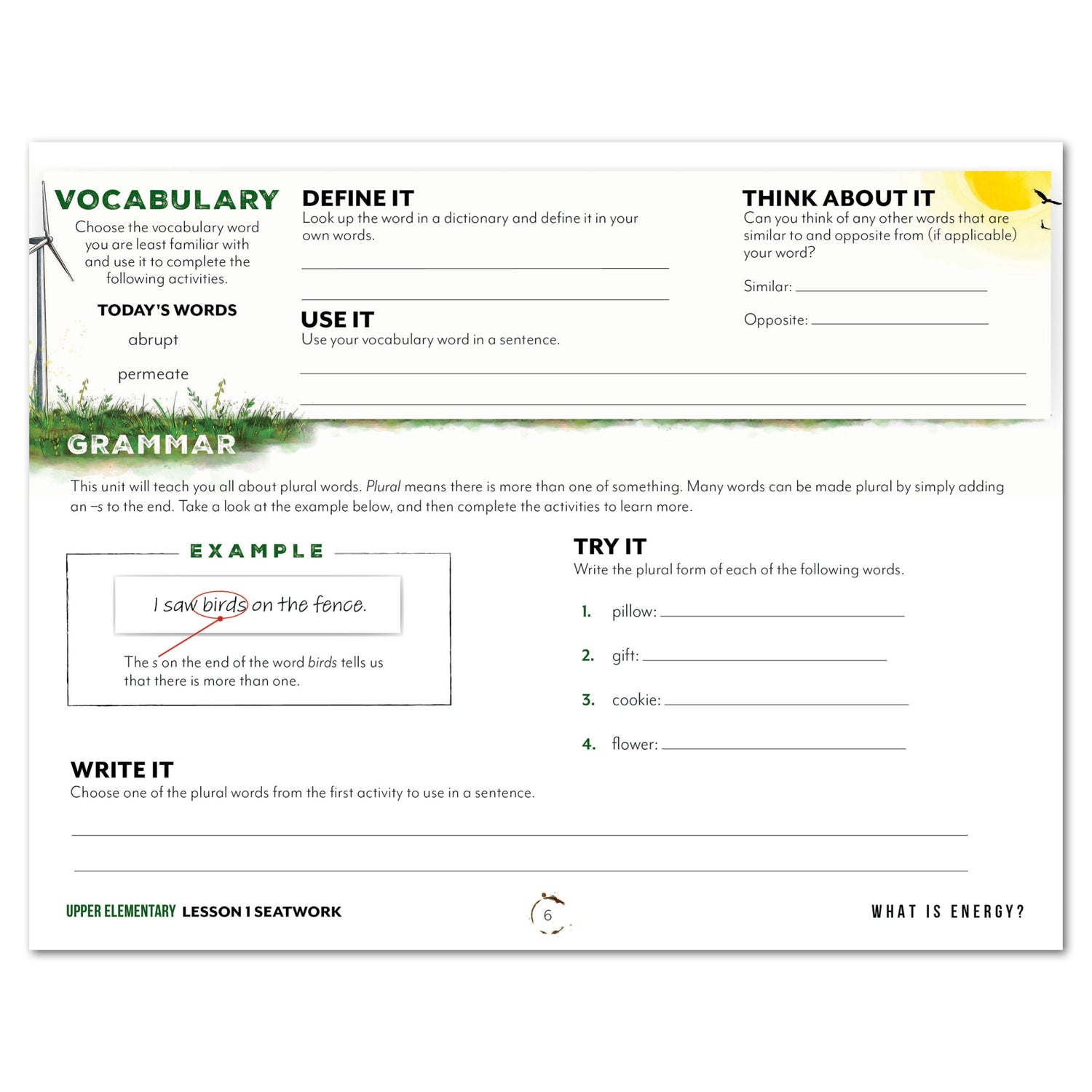 Energy Homeschool Unit Study Digital Seatwork Journal Manuscript Upper Elementary Student Book Lesson 1 Vocabulary