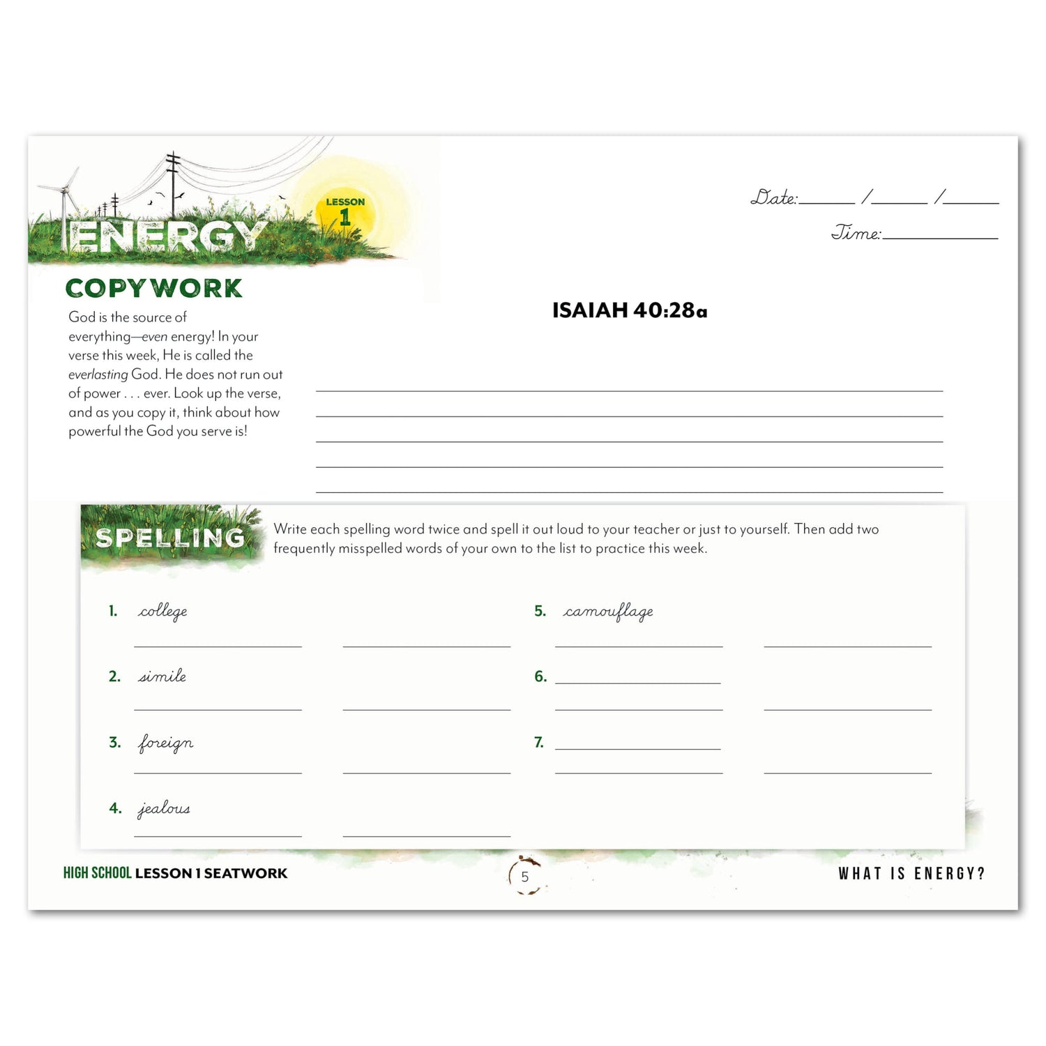 Energy Homeschool Unit Study Digital Seatwork Journal Cursive High School Student Book Lesson 1 Copywork and Spelling