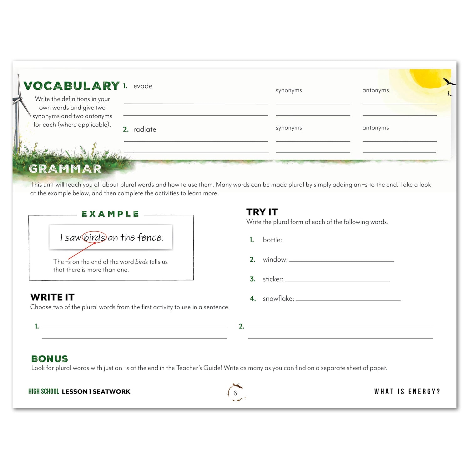 Energy Homeschool Unit Study Digital Seatwork Journal Manuscript High School Student Book Lesson 1 Vocabulary