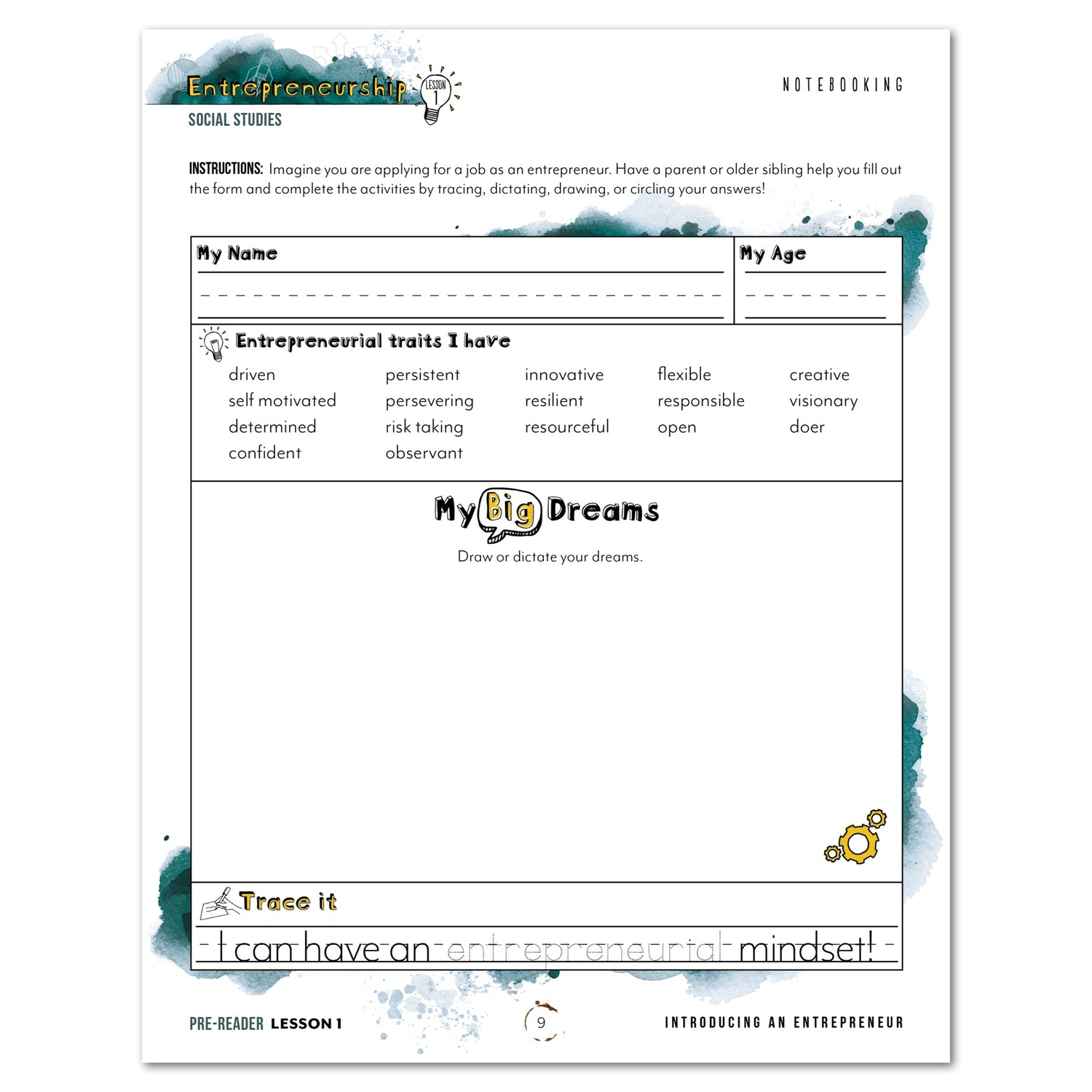 Entrepreneurship Homeschool Unit Study Digital Pre-Reader Student Book Lesson 1 Notebooking