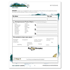 Entrepreneurship Homeschool Unit Study Digital Early Elementary Student Book Lesson 1 Notebooking