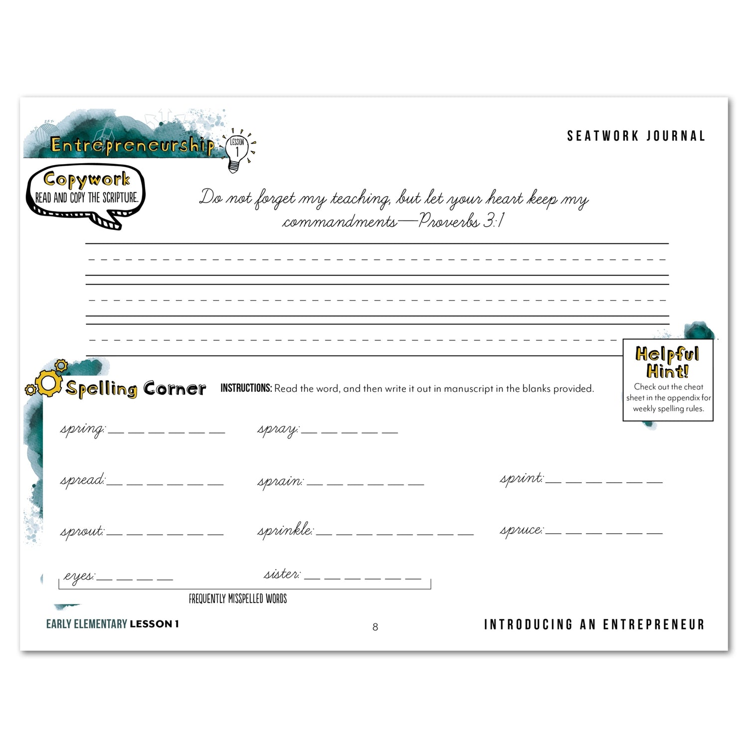 Entrepreneurship Homeschool Unit Study Digital Seatwork Journal Cursive Early Elementary Lesson 1 Copywork and Spelling