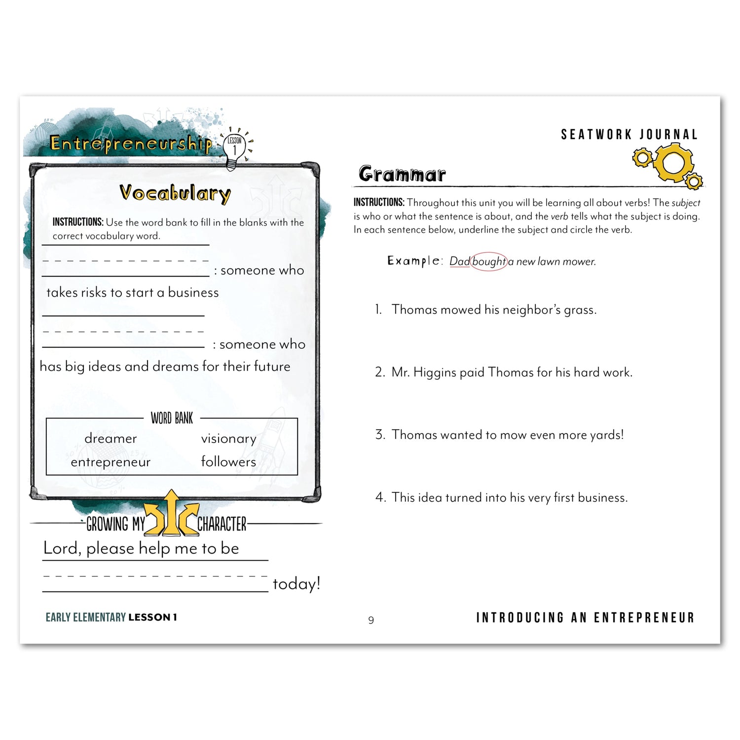 Entrepreneurship Homeschool Unit Study Digital Seatwork Journal Manuscript Early Elementary Lesson 1 Vocabulary and Grammar