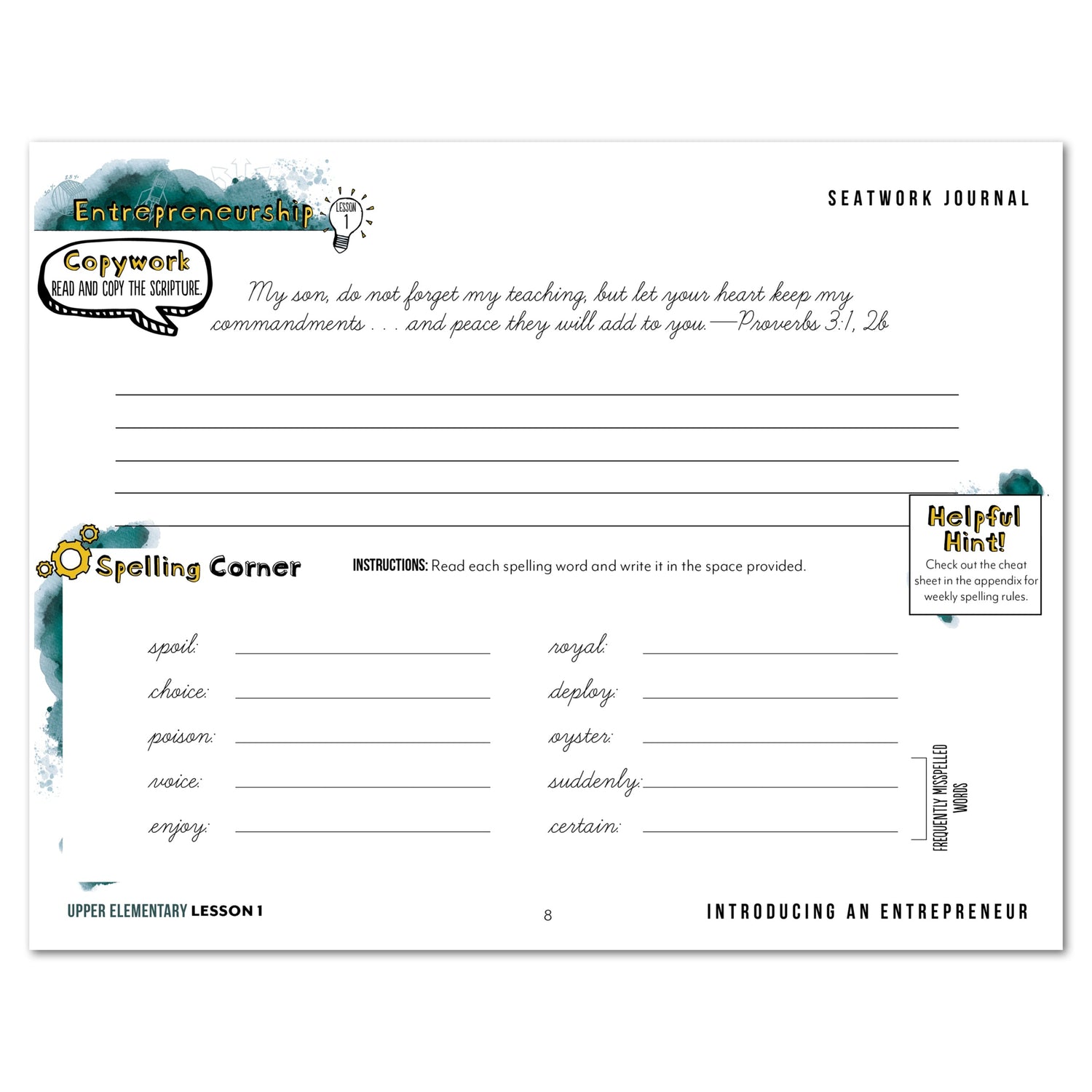 Entrepreneurship Homeschool Unit Study Digital Seatwork Journal Cursive Upper Elementary Lesson 1 Copywork and Spelling