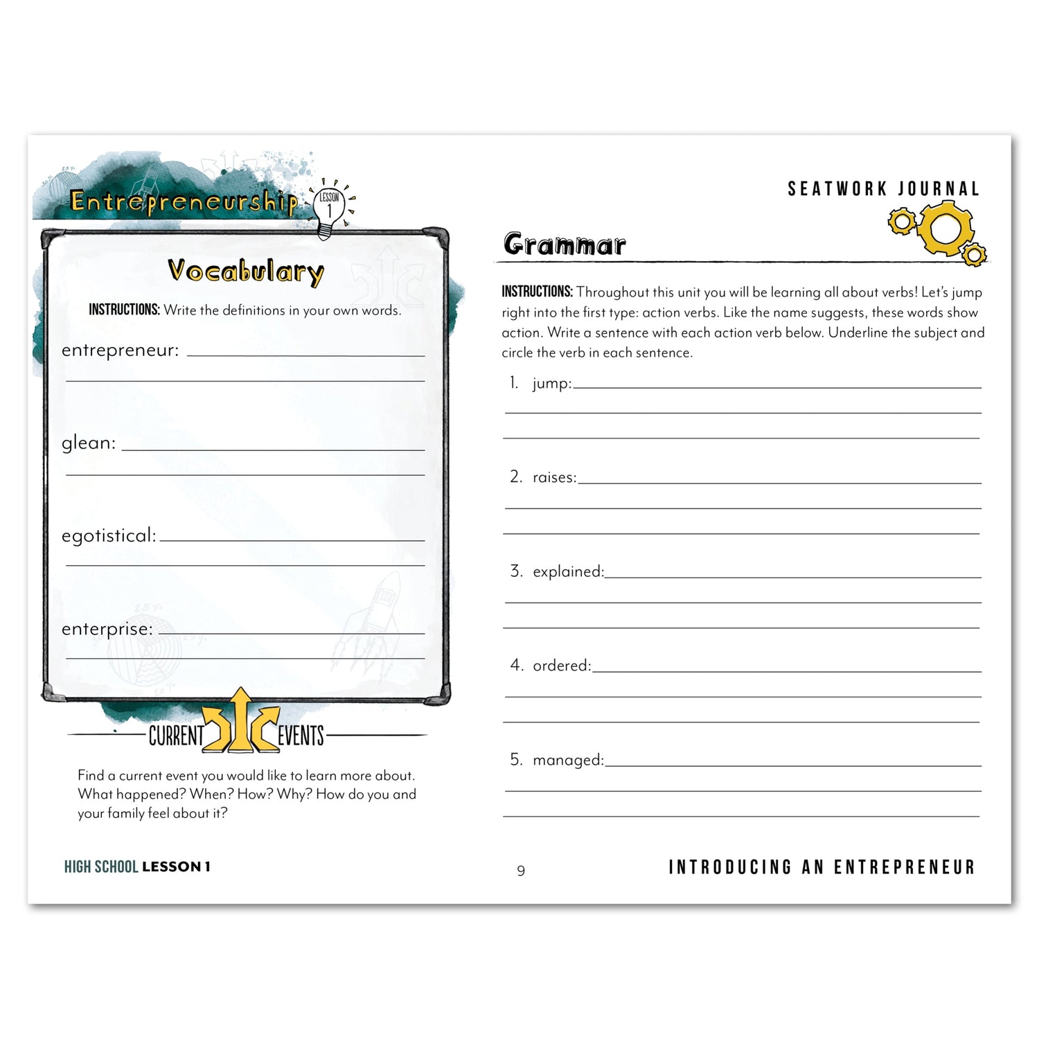 Entrepreneurship Homeschool Unit Study Digital Seatwork Journal Manuscript High School Lesson 1 Vocabulary and Grammar
