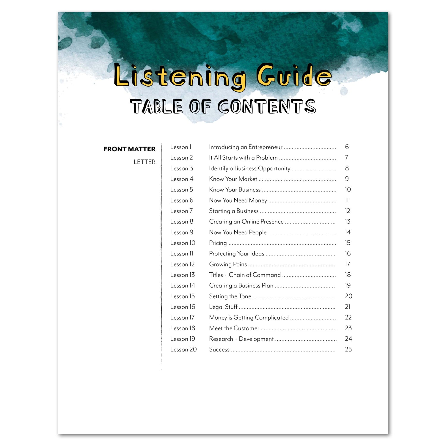 Entrepreneurship Homeschool Unit Study MP3 Teacher's Guide Table of Contents