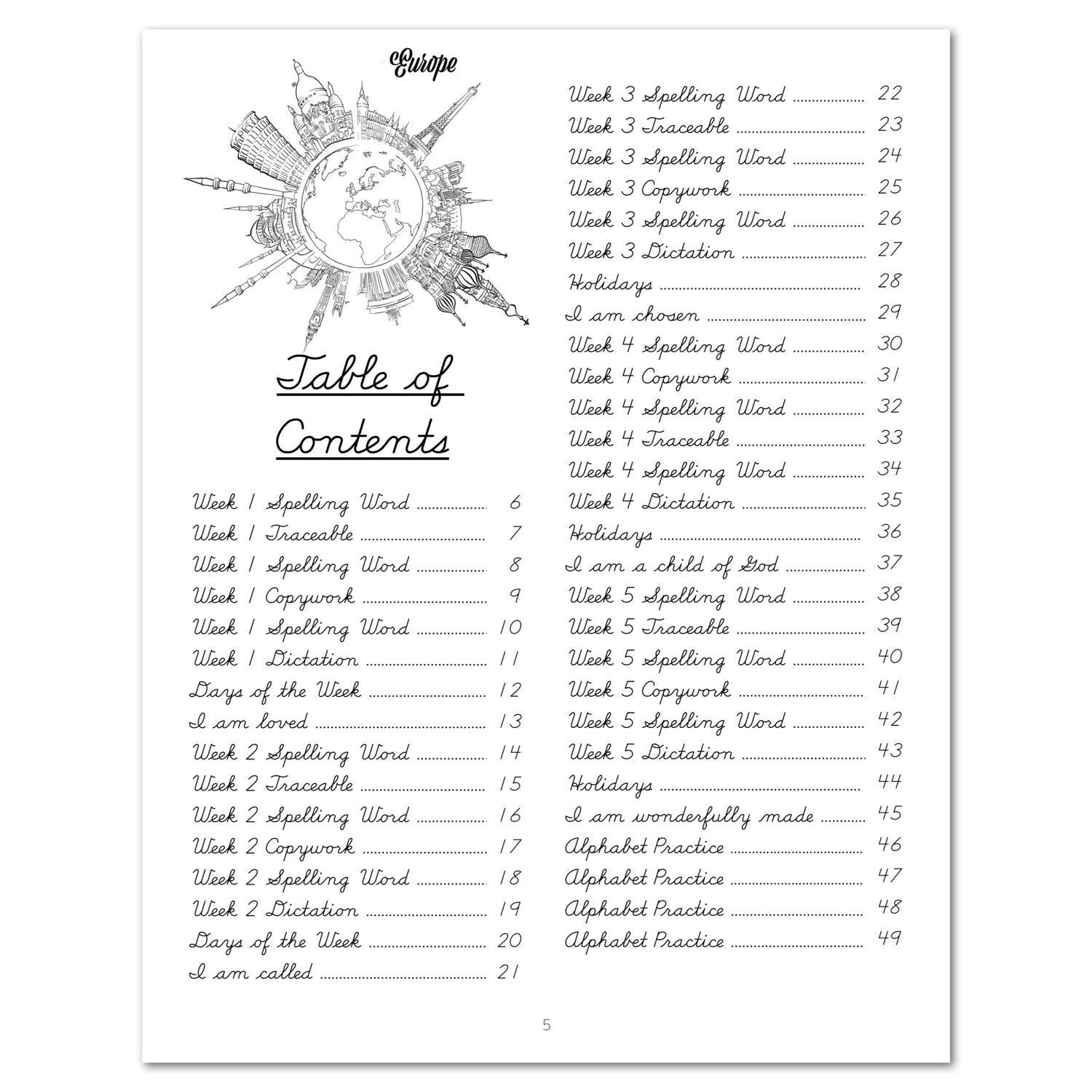 Europe homeschool unit study digital cursive student workbook table of contents