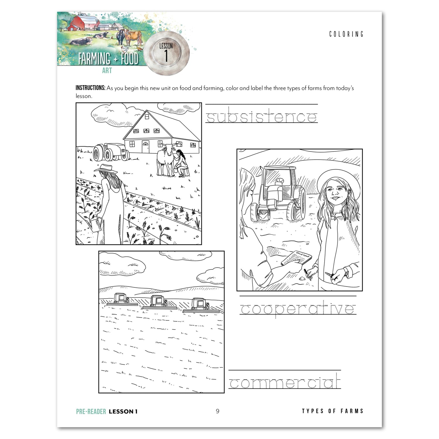 Farming + Food homeschool unit study digital teacher's guide and student work book in pre-reader lesson one 