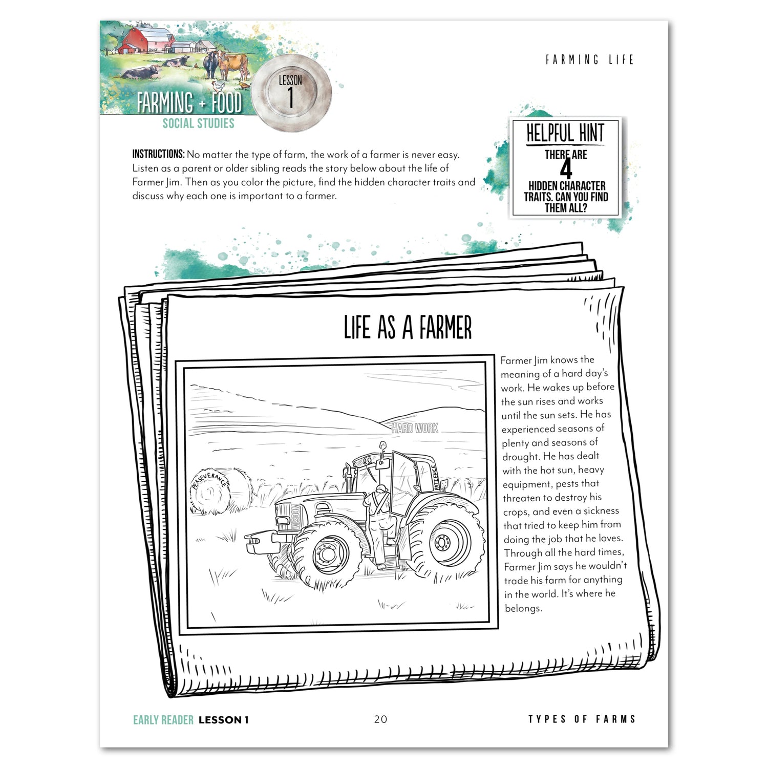 Farming + Food homeschool unit study digital teacher's guide and student work book in Early reader lesson one 