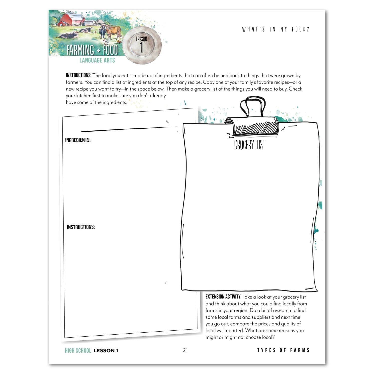 Farming + Food homeschool unit study digital teacher's guide and student work book in High School lesson one