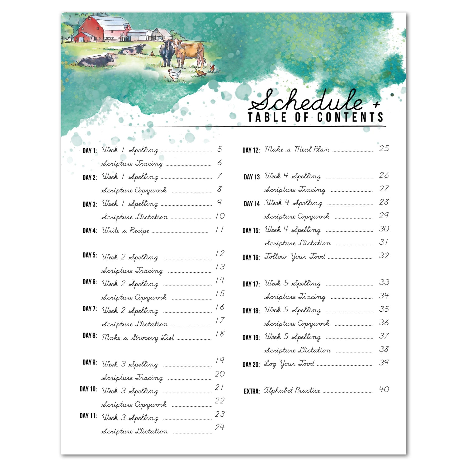 Farming + Food homeschool unit study cursive workbook digital table of contents