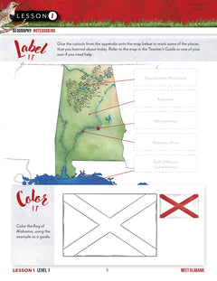 Alabama Fifty States Homeschool Unit Study Printed Student Book Lesson Page for Level 1