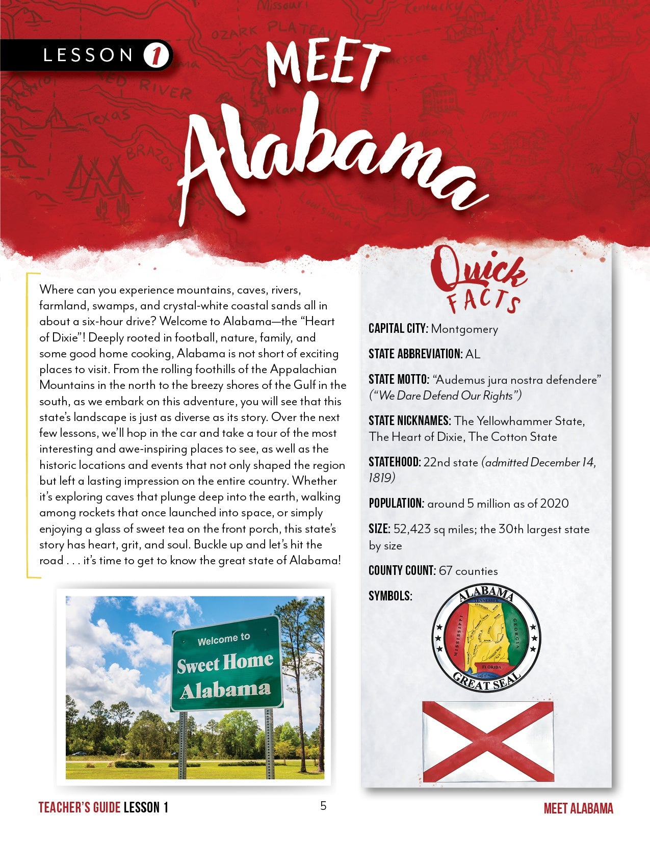Alabama Fifty States Homeschool Unit Study Printed Teacher's Guide Lesson 1 part 1