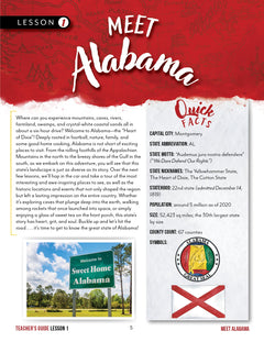 Alabama Fifty States Homeschool Unit Study Printed Teacher's Guide Lesson 1 part 1
