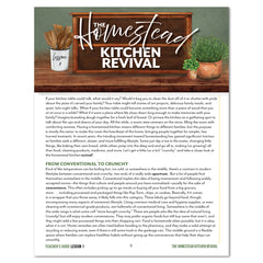 Teaching page titled "The Homestead Kitchen Revival" with an image of a shelf, plants, and cooking utensils 