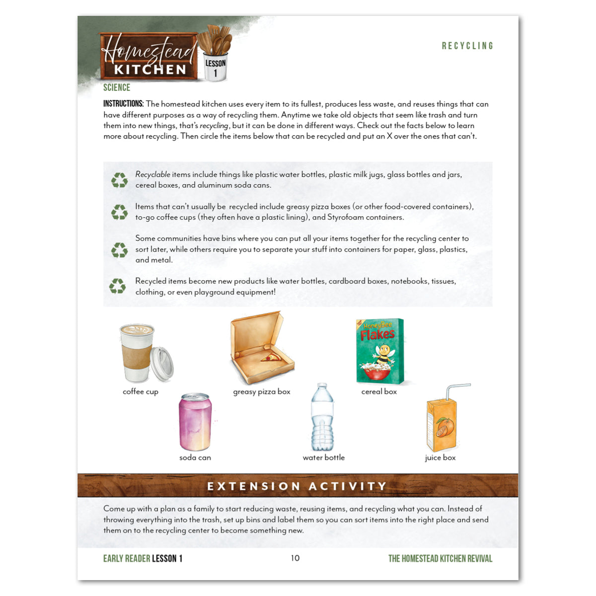 An educational worksheet with recycling instructions, examples of recyclable items, and an extension activity section, shown against a white background.