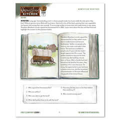 An educational worksheet page with a large illustration of an open book showing a western landscape and wagon, plus short text and a list of comprehension questions at the bottom.