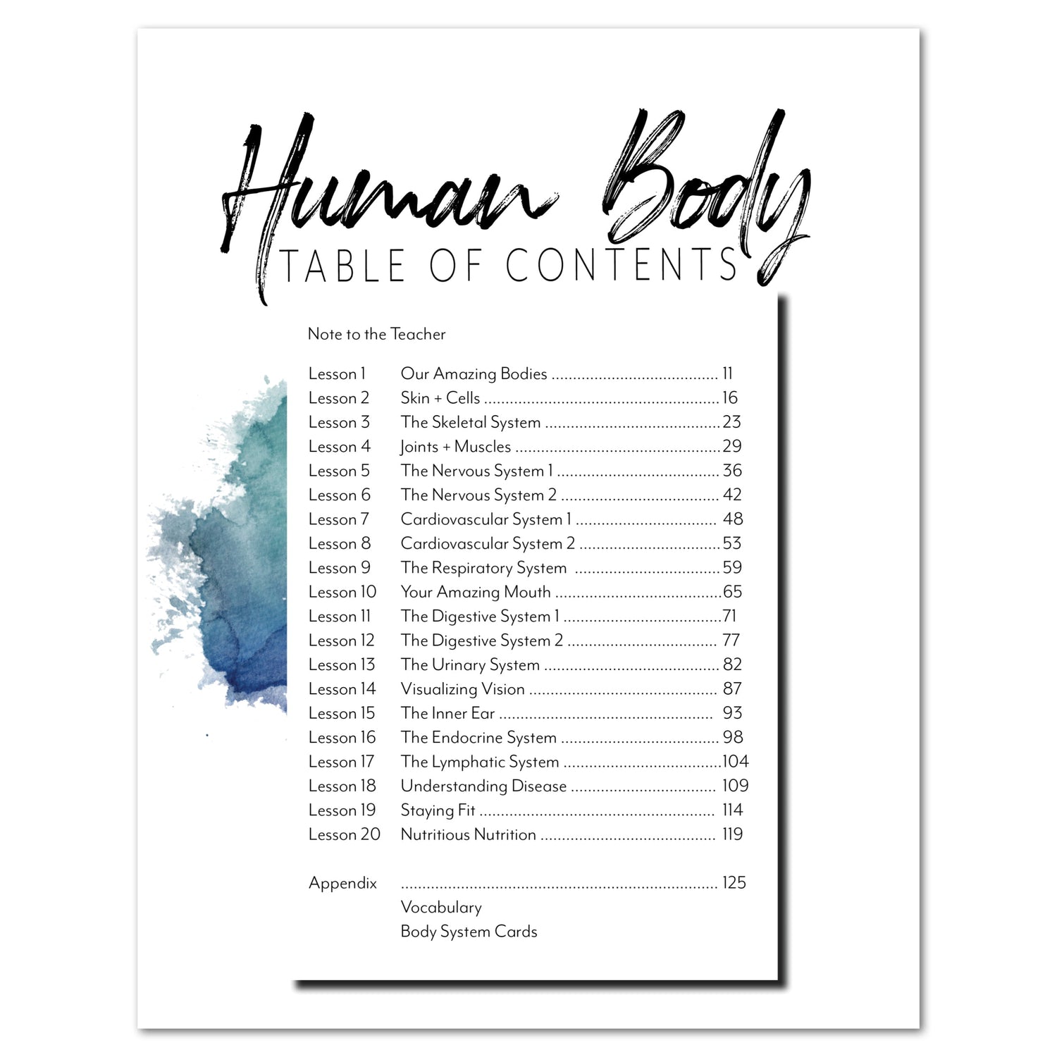 Human Body homeschool unit study digital teacher guide table of contents
