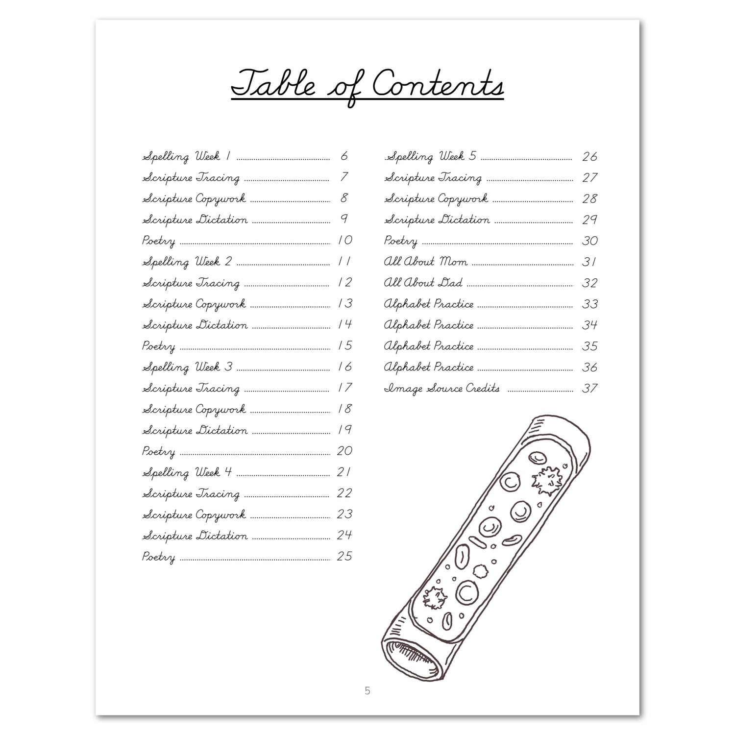 Human Body homeschool unit study digital student workbook in cursive table of contents